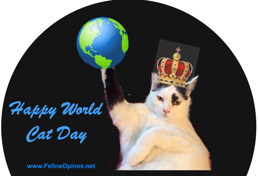 black and white cat wearing crown and holding globe