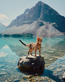 Bengal cat standing on a rock out in the water
